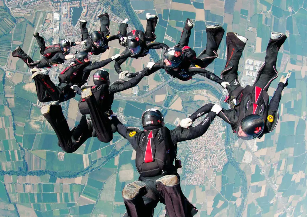 An eight-way formation team links up in freefall over Langar